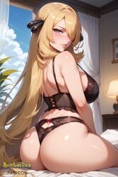 ass back bangs bare_shoulders black_panties blonde_hair blush breasts curtains cynthia_(pokemon) female from_behind grey_eyes hair_ornament hair_over_one_eye hentaidex hentaidexfuta indoors lamp large_breasts lingerie long_hair looking_at_viewer looking_back on_bed panties parted_lips pokemon sitting smile solo thighs thong underwear very_long_hair window