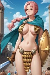 ai_generated bikini_armor breasts brown_eyes female female_focus male midriff navel one_piece pink_hair rebecca_(one_piece) robinlover shield sword tagme