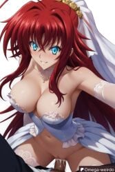 1girl1boy ai_generated big_breasts blue_eyes blush cum female glowing_eyes high_school_dxd looking_at_viewer necklace omega-weirdo patreon red_hair rias_gremory sex sleeves smile straddling thighhighs wedding_dress