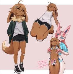 anthro areola azuu biped brown_body brown_eyes brown_fur brown_tail clothed clothing duo eevee eeveelution female femboy fur generation_1_pokemon generation_6_pokemon hair hi_res male multicolored_body multicolored_fur multicolored_tail navel nintendo nipples pink_hair pokemon pokemon_(species) simple_background sylveon tail tan_body tan_fur tan_tail white_body