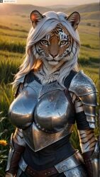 ai_generated animal_ears anthro armor artist_name breastplate breasts female female_anthro furry furry_female hi_res high_resolution highres large_breasts long_hair looking_at_viewer outdoors photorealistic realistic shoulder_armor solo stable_diffusion tiger tiger_ears twitter twitter_username watermark white_hair yellow_eyes yiffyjiffy2 yiffyjiffy69