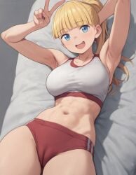 1girls ai_generated armpits arms_up blonde_hair bloomers blue_eyes buruma cameltoe looking_at_viewer lying navel on_back open_mouth ponytail sleeveless smile supergetthi track_and_field track_uniform v