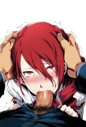 ai_generated blowjob crying dominant dominant_male dominated_female domination fellatio femsub gagging head_grab kirijou_mitsuru maledom mitsuru_kirijo persona persona_3 persona_3_portable red_eyes red_hair submissive submissive_female sucking_penis tears