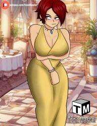 1girls big_ass big_breasts big_breasts big_butt blush breast_press breasts busty chair clothed dress elegant female huge_breasts jewelry king_of_fighters light-skinned_female light_skin necklace plants pressing_breasts_together red_eyes red_hair short_hair standing sunlight table thick_legs thick_thighs thighs tight_dress vanessa_(kof) voluptuous_female wide_hips yellow_dress