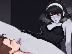 ai_generated biting_lip black_hair faceless_male grey_skin headband heart-shaped_pupils josa_(monster_tutor) licking_pussy lingerie monster_tutor nuteku oral red_eyes tagme vampire