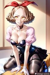 1girl1boy ai_generated big_breasts brown_hair corrupted corruption corset dress evil_smile female glowing_eyes hair_ribbon haru_okumura omega-weirdo patreon persona persona_5 sex shadow_self_(persona) short_hair skirt smile straddling thighhighs yellow_eyes