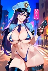 2d ai_generated big_breasts bikini caitlyn_kiramman cops_and_robbers_series female female_focus female_only highleg highleg_bikini league_of_legends long_hair night officer_caitlyn outdoors police_hat police_uniform riot_games solo solo_female solo_focus tagme