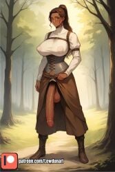 1futa ai_assisted ai_generated big_breasts big_penis clothed dark-skinned_futanari fantasy flaccid flaccid_penis fully_clothed futa_only futa_sans_pussy futanari huge_breasts huge_cock lewdunari massive_penis medieval medieval_clothing nature nature_background penis_to_the_knees ponytail pubic_hair puffy_nipples