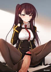 1boy asymmetrical_bangs bangs bar_censor black_dress black_gloves black_legwear blush bra breasts brown_hair censored clenched_teeth double-breasted dress erection female footjob footjob_with_legwear girls'_frontline gloves hand_up large_breasts long_hair long_sleeves macchiato_(jae-min_cho) military military_uniform motion_blur necktie one_side_up pantyhose parted_lips pelvic_curtain penis pov purple_eyes red_necktie see-through shirt short_dress sitting spread_legs straight teeth tsurime twitter_username underwear uniform wa2000_(girls'_frontline) white_bra white_shirt