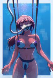 1girls bikini blue_background breasts brown_hair closed_eyes clothed color dark-skinned_female dark_skin emerie_karr female grissaecrim long_hair low_ponytail medium_breasts oxygen_mask solo star_wars star_wars:_the_bad_batch strapless_bikini the_bad_batch underwater