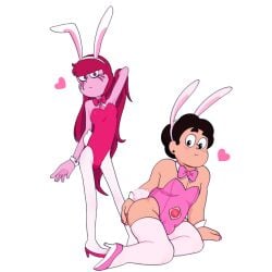 1futa 1futa1boy 1male accurate_art_style animal_ears arm_up big_ass black_eyes black_hair blush blush_lines bodysuit bulge bulge_through_clothing bunny bunny_costume bunny_ears bunny_tail bunnysuit cartoony chubby chubby_femboy chubby_male cleavage clothed clothing color colored cuffs cute dark_brown_hair detached_collar detached_cuffs digital_drawing_(artwork) digital_media_(artwork) duo earrings embarrassed femboy flat_chest flat_chested fluffy_tail futanari gem gem_(species) hair_down hairless_armpits high_heels hotfiresu human hybrid leotard long_hair lowres male male_only not_ai_generated on_knees pink_background pink_bodysuit pink_bowtie pink_bunnysuit pink_leotard pink_nail_polish pink_nails playboy_bunny posing red_bodysuit red_bunnysuit red_eyes red_hair red_leotard short_hair simple_shading sitting solo spinel_(steven_universe) standing steven_quartz_universe steven_universe stevinel strapless strapless_leotard tail thighs thin_female white_background white_ears white_legwear wrist_cuffs