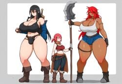 2024 2d 2d_(artwork) 3futas 3girls adult_female ai_generated big_thighs big_woman bigger_female black_hair black_haired_futa black_tank_top blue_booty_shorts booty_shorts bulge child_bearing_hips closed_eyes dark-skinned_female dark-skinned_futanari dark_skin dickgirl eyes_closed fantasy futa_only futanari giant_futanari height_difference huge_breasts light-skinned_futanari light_skin long_red_hair mullon novelai original pink_hair_futa plain_background red_hair red_hair_female red_hair_futanari short_pink_hair short_shorts shorts smaller_female smaller_futanari smile standing tall tall_woman taller_futanari tank_top thighs trio weapon white_tank_top