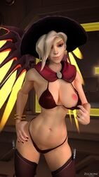 1girls 3d absurdres alternate_costume bikini blue_eyes breasts female female_only hair_over_one_eye halloween mercy nail_polish nipple overwatch solo tagme thighhighs wings witch witch_hat witch_mercy zugronc