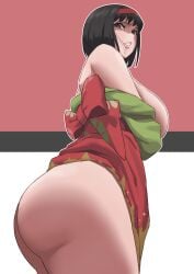 akai_melon ass bangs bare_shoulders black_eyes black_hair blush breasts clothing erika_(pokemon) eyelashes female female_only green_kimono grey_eyes hairband headwear huge_ass huge_breasts kimono large_ass large_breasts looking_at_viewer looking_back looking_down no_bra off_shoulder parted_lips pokemon pokemon_(game) pokemon_character red_hairband robe shaded_face short_hair smile solo teeth thick_ass thick_thighs thighs traditional_clothes wafuku