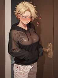 11_22 1girls ai_generated baggy_clothing black_hoodie blonde_hair blue_eyes blush embarrassed female heart heart hoodie large_breasts looking_away loose_clothes messy_hair oc open_door original original_character pale_skin rain see-through see-through_clothing short_hair sleeves_past_wrists sweatpants sweatshirt tomboy wet wet_clothes wet_shirt