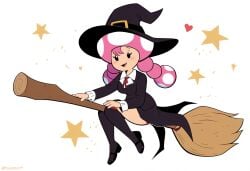 aged_up ai_generated black_eyes female_focus mario_(series) mushroom_humanoid nintendo novelai pink_hair riding_broom simple_background star super_mario_bros. toadette twin_braids white_background witch_costume