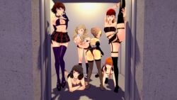 ann_takamaki brainwashed elevator female_only haru_okumura kasumi_yoshizawa makoto_niijima persona persona_5 posing prostitution provocative sadayo_kawakami sakura_futaba seductive slutty_outfit