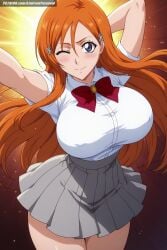 ai_generated aindroidparanoid ass big_ass big_breasts bleach breasts covered_nipples curvy fat_ass female female_only gigantic_breasts gray_eyes hips huge_breasts huge_butt inoue_orihime large_ass large_breasts long_hair massive_breasts narrow_waist nipples orange_hair school_uniform schoolgirl shirt skirt slim_waist stable_diffusion straight_hair thick_ass thick_legs thick_thighs voluptuous waist