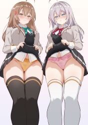 2girls absurdres ahoge alisa_mikhailovna_kujou aqua_bow aqua_bowtie black_skirt black_thighhighs black_vest blazer blue_eyes blush bow bow_panties bowtie breasts brown_eyes brown_hair closed_mouth clothes_lift collared_shirt commentary_request crotch_seam flashing flower from_below gradient_background grey_background grey_jacket hair_flower hair_ornament hair_ribbon highres jacket large_breasts lifting_own_clothes long_sleeves looking_at_viewer mariya_mikhailovna_kujou miniskirt multiple_girls nyarumon paid_reward_available panties pink_bow pink_panties pleated_shirt pleated_skirt red_bow red_bowtie red_ribbon ribbon school_uniform seiren_academy_school_uniform shirt siblings sisters skirt skirt_lift thighhighs thighs tokidoki_bosotto_roshia-go_de_dereru_tonari_no_alya-san underwear vest white_jacket white_shirt white_thighhighs yellow_bow yellow_panties