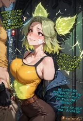 1boy 1girl 2boys ai_assisted ai_generated alley bandaid bandaid_on_face bare_shoulders belt biting_own_lip black_gloves blush breasts brown_eyes brown_pants bulge cleavage collarbone comic comic_page comic_panel comic_strip curvy dialogue dripping electricity english_text erection_under_clothes female fingerless_gloves gloves green_hair inner_thoughts jacket kisstaurus large_breasts league_of_legends magic multicolored_hair multiple_boys off_shoulder pants patreon_username perfect_body smile solo_focus speech_bubble straight sweat tank_top teeth trembling twintails wet_body yellow_tank_top zeri_(league_of_legends)