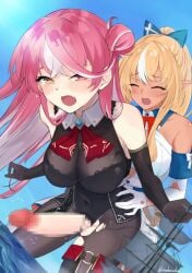 2futas ascot big_penis blonde_hair blush bow breasts censored cleavage clothed clothing dark_skin detached_sleeves duo dutch_angle elbow_gloves erection futa_giantess futa_on_futa futa_only futa_sans_balls futa_with_futa futanari giant giant_couple giantess gloves hair_bun hairbow heterochromia highres hololive houshou_marine houshou_marine_(marching_band) human hung_bottom inaba_oden intersex light-skinned_futa light_skin long_hair mosaic_censoring mostly_clothed multicolored_hair multiple_futa ocean official_alternate_costume official_alternate_hairstyle pantyhose penis pointy_ears ponytail red_ascot red_eyes red_hair see-through_cleavage sex sex_from_behind ship shiranui_flare sky thighhighs thighs twitter_username two-tone_hair virtual_youtuber watercraft white_hair yellow_eyes