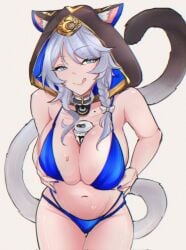 1girls animal_ears animal_hood big_ass big_breasts bikini blue_bikini blue_eyes breasts cat_ears cat_girl cat_hood cat_tail cipher_(honkai:_star_rail) commentary cowboy_shot demigoddess english_commentary female female_focus female_only goddess grey_hair highres hips hips_wider_than_shoulders honkai:_star_rail honkai_(series) hood huge_ass huge_breasts large_breasts licking_lips looking_at_viewer midriff mole monster_energy navel serafineart1001 short_hair short_hair_with_long_locks simple_background solo swimsuit tail teasing thighs tongue tongue_out white_background
