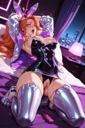 kiraamane ai_generated patreon seductive sexy uncensored watermark hi_res high_quality high_resolution miss_fortune league_of_legends sex_toy vibrator 1girl solo breasts thighhighs nipples animal_ears long_hair bunny_ears vibrator_in_thighhighs open_mouth dildo on_back pussy_juice tongue egg_vibrator anal_beads breasts_outside zipper lying remote_control_vibrator black_leotard strapless large_breasts vibrator_under_clothes