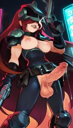ai_generated armor big_breasts cityscape cyberpunk focus_on_penis futa_only futanari futuristic gritting_teeth gun leather_clothing long_hair night outdoors precum precum_drip precum_string public_nudity smoking_cigarette veiny_penis