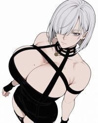 big_boobs big_breasts black_dress curvy curvy_figure eye_covered fingerless_gloves fiona_frost gloves large_breasts mole_on_breast serious serious_face serious_look source_request spy_x_family tagme top_view white_hair yor_briar_(cosplay)