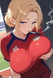 ai_generated big_breasts big_lips blowing_smoke cigarette cigarette_in_hand cigarette_smoke pov_eye_contact seductive seductive_eyes seductive_look seductive_mouth sexy smoke_from_mouth smoking smoking_cigarette smoking_fetish soccer soccer_uniform solo_female sports_uniform sportswear sporty
