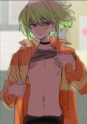 1boy androgynous artist_request bandaids_on_nipples choker clothed clothing collar embarrassed femboy femboy_only feminine_male jacket lio_fotia petite petite_body petite_male promare slim slim_male slim_waist solo source_request twink