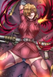 big_breasts blonde_hair breasts dressed eye_covered female female_focus female_only gloves hair_over_one_eye hellsing hellsing_ultimate looking_at_viewer lying_on_back magic military_uniform nixonison on_floor panties red_clothing red_eyes ripped_pantyhose seras_victoria short_hair short_skirt smirk smirking_at_viewer tagme underwear vampire vampire_girl weapon white_panties