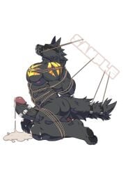 anal anal_penetration anthro balls barazoku bdsm big_balls big_penis black_body black_pawpads blindfold bodily_fluids bondage bound canid canine canis cuff_(restraint) cum cum_drip cum_dripping_from_penis dildo dildo_in_ass dildo_insertion dripping erection foreskin genital_fluids genitals hands_behind_back humanoid_genitalia humanoid_penis kneeling littleblackalas male mammal muscular muzzle_(object) nude object_in_ass pawpads penetration penile penis raised_head restraints retracted_foreskin rope rope_bondage rope_harness sex_toy sex_toy_in_ass sex_toy_insertion side_view simple_background solo tail tail_cuff vibrator vibrator_on_penis watermark white_background wolf