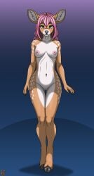 2025 anthro areola bangs big_ears blue_eyes breasts deer digital_media_(artwork) erect_nipples female full-length_portrait genitals gradient_background hair hi_res iginger inner_ear_fluff jenny_(iginger) long_hair looking_at_viewer mammal medium_breasts multicolored_body navel nipples nude open_mouth pink_areola pink_hair pink_nipples portrait simple_background smile solo spots standing teeth tuft vulva walking white_body
