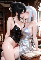 2girls ai_generated around asymmetrical_docking bangs bare_arms bare_shoulders black black_corset black_hair blue_eyes blush body book bookshelf bottomless braid braided breast_press breasts candle cleavage closed_eyes cold collarbone corset cryo curvy dress earrings expression eyes female female_ejaculation female_only figure french_kiss from genshin genshin_impact gradient hair hair_bun hair_ornament hip, hips impact indoors iridescent jewelry kissing large_breasts long long_hair looking_at_another makeup multiple_girls on pale ponytail pussy_juice red ropes saliva shenhe shenhe_(genshin_impact) shiny shiny_skin side sidelocks single_hair_bun sitting skin sweat symmetrical_docking tassel tassel_earrings thighs to vents very_long_hair vision white white_dress white_hair window yuri