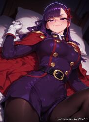 2026 ai_generated anime bangs bed belt black_pantyhose blunt_bangs blush breasts cape cleavage closed_mouth crossover eye_contact female female_focus female_only flushed gloves hair_ribbon handwear highres huge_breasts jacket large_breasts long_hair long_sleeves looking_at_viewer lying mato_seihei_no_slave neutral_expression nsfw on_back on_bed pantyhose patreon pillow purple_eyes purple_hair red_cape red_ribbon ribbon rognezart shorts smile smiling solo thick_thighs thighs very_long_hair white_gloves yamashiro_ren