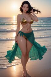 1girls ai_assisted ai_generated barefoot beach belly_button bikini black_hair cleavage eyelashes female flowing_hair full_body gold_bikini hand_in_hair hand_on_thigh hourglass_figure long_hair loose_hair medium_breasts midriff ocean_background pelvic_line rgomez007 sarong self_upload sideboob slender_body solo_female stable_diffusion sunset thick_lips thick_thighs walking warm_lighting wide_hips