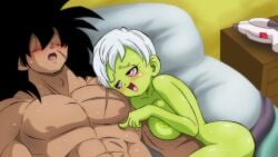 abs after_sex big_breasts black_hair blush breasts broly broly_(dragon_ball_super) cheelai dragon_ball dragon_ball_super female green_body green_skin male short_hair sweat white_hair yamamoto_doujin