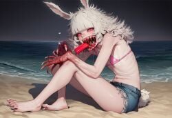 paigen ai_generated original original_character caerie_(paigen) monster_girl horror horror_(theme) 1girls female breasts flat_chest albino white_skin white_hair long_hair messy_hair disheveled anthro bunny_girl rabbit_girl bunny_ears rabbit_ears rabbit_tail bunny_tail slit_eyes black_eyes pink_sclera sharp_teeth fangs sharp_nails claws sharp_toenails blood bloody blood_drip blood_in_mouth skinny skinny_female blunt_bangs beach sand water ocean swimsuit bikini shorts denim_shorts daisy_dukes clothes clothed clothing ice_cream