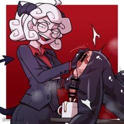 1boy 1girls anal anal_fingering bee_haji beecon123 cum cum_in_container cum_while_penetrated dominant_female female female_focus femdom glasses gloved_handjob gloves handjob helltaker male male_penetrated milking milking_handjob pandemonica_(helltaker) prostate_milking prostate_stimulation submissive submissive_male