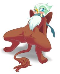 2015 avian beak blue_eyes blush brown_fur congee-painting female feral friendship_is_magic fur greta_(mlp) gryphon hi_res looking_at_viewer my_little_pony open_mouth presenting pussy scarf solo spread_legs spreading wings