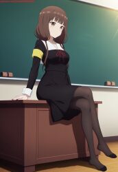 ai ai-created ai_art ai_generated anime anime_character anime_girl anime_style arm_support bangs barefoot black_dress classroom crossed_legs feet feet_fetish female hentai iino_miko indoors inside kaguya-sama_wa_kokurasetai_~tensai-tachi_no_renai_zunousen~ legs on_desk pantyhose school_uniform sitting solo twintails uniform