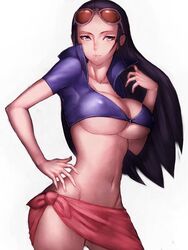 alone artist_request black_hair blue_eyes breasts cleavage female female_only hips large_breasts leather_vest long_hair navel nico_robin one_piece sarong skirt solo stomach sunglasses sunglasses_on_head thighs white_background