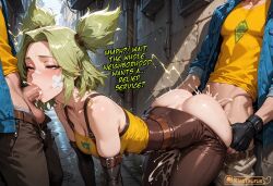 1boy 1girl 2boys ai_assisted ai_generated alley anal ass bandaid bandaid_on_cheek bandaid_on_face bare_shoulders belt bent_over black_gloves blonde_hair blue_jacket blush breasts brown_belt brown_gloves brown_pants cleavage clothed_sex clothes_pull collarbone comic comic_page comic_panel comic_strip cum cum_in_mouth cum_in_pussy cum_on_ass cum_on_body cum_overflow curvy dialogue doggy_style double_penetration dripping dripping_cum ejaculation elbow_gloves english_text fellatio female fingerless_gloves gloves green_hair group_sex half-closed_eyes heart inner_thoughts jacket kisstaurus large_breasts league_of_legends magic male_pubic_hair medium_breasts mmf_threesome multiple_boys open_clothes open_jacket oral orange_jacket outdoors pants pants_pull patreon_logo patreon_username penis perfect_body pubic_hair red_eyes rolling_eyes sex sex_from_behind shirt short_hair short_twintails solo_focus speech_bubble spitroast standing straight sweat threesome twintails uncensored vaginal_penetration wet wet_body wet_pussy yellow_jacket yellow_shirt zeri_(league_of_legends)
