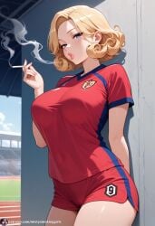 ai_generated big_breasts big_lips blowing_smoke cigarette cigarette_in_hand cigarette_smoke pov_eye_contact seductive seductive_eyes seductive_look seductive_mouth sexy smoke_from_mouth smoking smoking_cigarette smoking_fetish soccer soccer_uniform solo_female sports_uniform sportswear sporty
