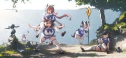 5girls ai_assisted ai_generated alitonx bush cleavage crow cygames daiwa_scarlet_(umamusume) drooling exhausted female female_only floating happy heavy_breathing huge_breasts island leaf matikane_tannhauser_(umamusume) moss ocean piggyback_ride plump rice_shower_(umamusume) rock ruins scenery sign sitting_on_floor sparkling special_week_(umamusume) spigot spread_legs stone_floor sunlight sweat thick_thighs thighhighs tokai_teio_(umamusume) tracen_school_uniform tree umamusume wide_hips wind