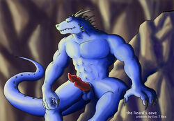 2007 5_fingers abs anthro balls biceps biped black_claws blue_balls blue_scales blue_tail cave claws digital_media_(artwork) erection evo_t_rex front_view grey_horn horn lizard long_tail looking_away male male_only muscular muscular_male nude pecs penis pink_penis portrait reptile scales scalie sharp_teeth sitting solo spikes teeth thick_tail three-quarter_portrait