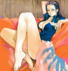 alone artist_request black_hair breasts cleavage feet female female_only large_breasts leather_vest long_hair looking_at_viewer nail_polish nico_robin one_piece painted_nails sarong sitting skirt solo sunglasses sunglasses_on_head thighs toes wooden_wall