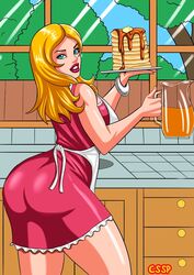 1girls alternate_version_available american_dad apron artist_name back_view bare_shoulders big_ass big_butt blonde_hair blue_eyes bracelet breasts busty cssp curvy dress eyelashes eyeliner female female_only francine_smith holding_object hourglass_figure indoors inside lipstick long_hair looking_at_viewer looking_back makeup mature milf mother pancake pink_dress pink_lipstick room shiny shiny_skin sideboob solo standing voluptuous wide_hips
