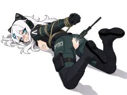 animal_ear_headphones animal_ears boots breasts cat_ear_headphones cat_ears commentary english_commentary fake_animal_ears female full_body headgear headphones highres humanization large_breasts long_hair merkava_(tank) military_vehicle motor_vehicle nipples original pckcool personification photo_inset smile solo tactical_clothes tank vehicle_and_personification white_hair